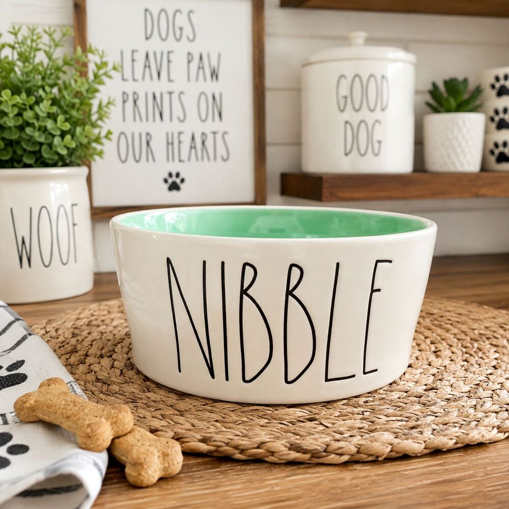 Rae Dunn "NIBBLE" Dog Pet Bowl XL 8" LL White Mint Green Ceramic Artisan Magenta